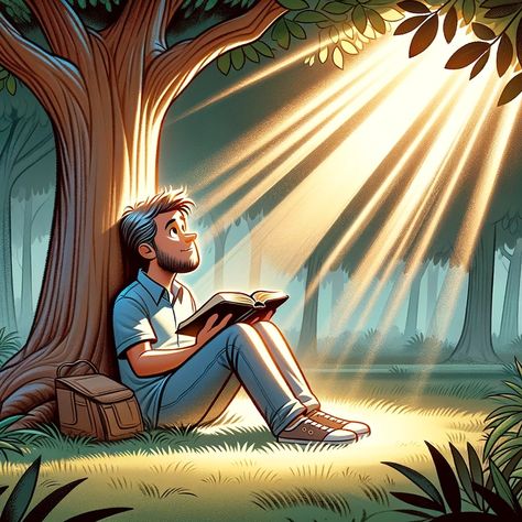 A cartoon image depicting a person sitting under a tree with a thoughtful expression, holding an open Bible on their lap. They are surrounded by a serene, natural setting, suggesting a moment of reflection and openness to guidance. Light rays from the sky, symbolizing divine inspiration, shine down upon them, emphasizing the connection between the individual and spiritual guidance. The scene... Spiritual Cartoon, Sitting Under A Tree, A Person Sitting, Bible Cartoon, Arise And Shine, Open Bible, Under A Tree, Cartoon Image, Bible Pictures