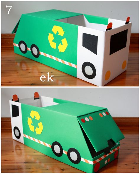 Thanks for your interest in our box vehicles and for your patience while waiting for this tutorial. These larger trucks each use 1.5 nappy/diaper boxes, for cars using only one box see Part 1 - sim... Garbage Truck Party, Kids Valentine Boxes, Truck Crafts, Cardboard Car, Cardboard Box Crafts, Valentine Day Boxes, Trucks Birthday Party, Truck Party, Valentine Box