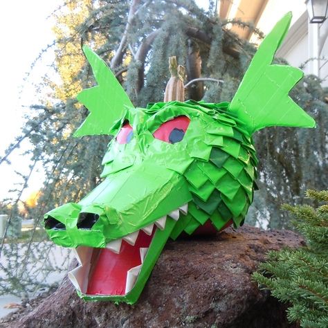 Dragon Painted Pumpkin, Dragon Pumpkin Painting, Dragon Trunk Or Treat Ideas, Dragon Pumpkin Decorating, Diy Dragon Halloween Decorations, Dragon Halloween Decorations, Dragon Pumpkin, Egg Box Dragon, Paper Mache Dragon Head