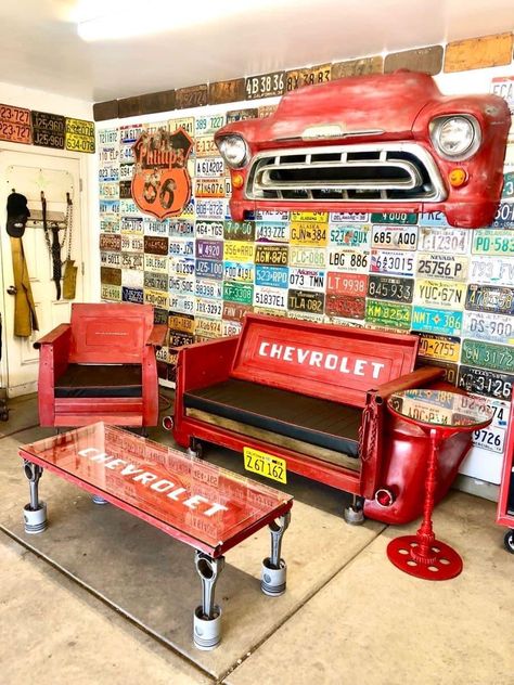 Truck Tailgate Bench, Mechanic Shop Decor, Truck Furniture, Tailgate Bench, Car Part Art, Car Parts Decor, Nice Man, Garage Furniture, Mechanic Shop