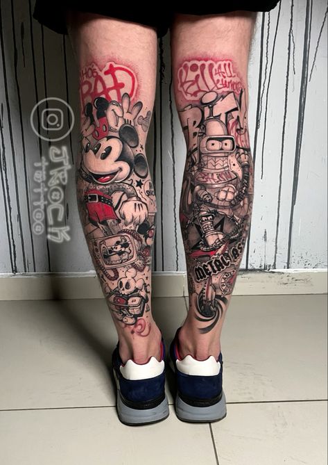 Mickey Mouse and Futurama themed tattoo. Dope Mickey Mouse and Bender are central elements in this work. Tattoo done in comic and trash polka tattoo sryles #trashpolkatattoo #comictattoo #mickeymousetattoo #futuramatattoo #bendertattoo #cartoontattoo #tattooswithtattoos #legsleevetattoo Leg Sleeves For Men Tattoo Ideas, Cartoon Network Tattoo Sleeve, Comic Strip Tattoo Ideas, Cartoon Hand Tattoo, Cartoon Leg Tattoos, Family Leg Tattoo, Bender Tattoo Futurama, Tattoo Comic Style, Tattoo Ideas For Leg