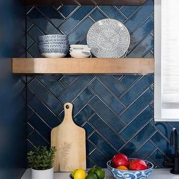 Navy Blue Kitchen Island in White Kitchen - Transitional - Kitchen Bathroom Ideas Blue And White, Blue Herringbone Backsplash, Navy Blue Backsplash, Bathroom Ideas Blue, Blue Tile Backsplash Kitchen, Herringbone Kitchen Backsplash, Blue Herringbone Tile, Dark Blue Kitchen Cabinets, Wood Reference