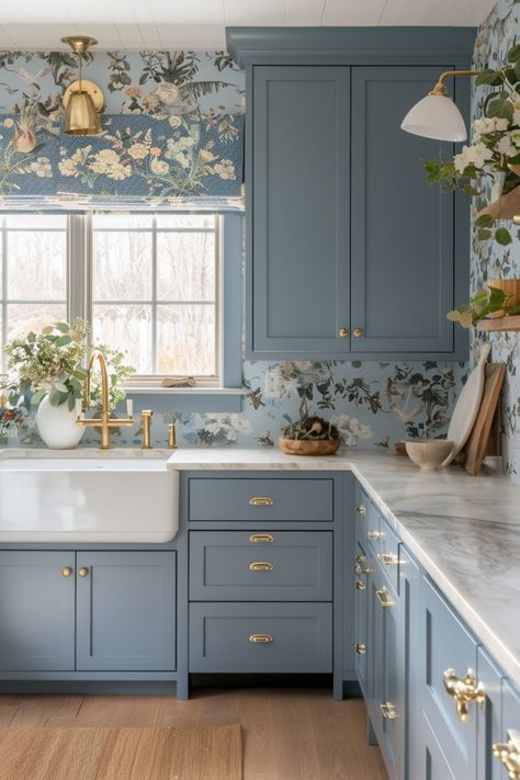 60+ Vibrant Kitchens With Blue Cabinets Kitchen Design With Blue Cabinets, Kitchen Blue And White Cabinets, Blue Traditional Kitchen, White Kitchen Blue Walls, Blue And Beige Kitchen Cabinets, Grandmillenial Style Kitchens, Blue Kitchen Design Ideas, Kitchen Countertop Inspiration, Wallpaper In Kitchens