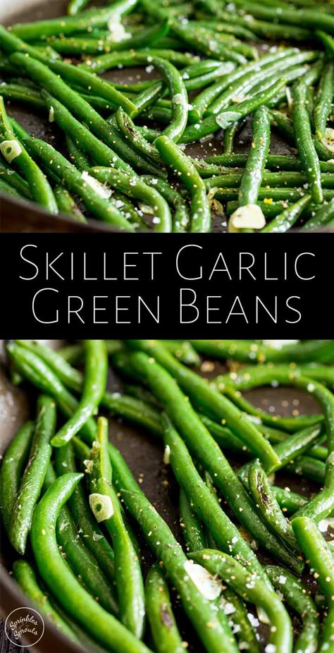 These Easy Skillet Garlic Green Beans are sautéed with garlic and olive oil and then steamed with a little vegetable broth, to make one of the most simple yet delicious side dishes. The beans come out tender-crisp, so they are super healthy and they take just 10 minutes to cook making them an easy addition to your family table. Serve them with your weeknight meal, or add them to your holiday table. Thanksgiving Side Dishes Crockpot, Thanksgiving Recipes Side Dishes Veggies, Thanksgiving Vegetables Side Dishes, Thanksgiving Vegetable Sides, Keto Easter, Appetizers Thanksgiving, Thanksgiving Side Dishes Healthy, Vegetable Side Dishes Healthy, Dinner Meat