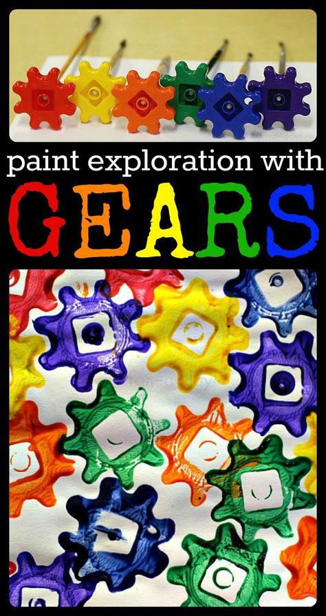 Process Painting with Gears! Great way to link movement, motor skills, science and art. Can do patterns, color sort or free painting to suit your class needs. Fun sensory learning! Robots Preschool, Preschool Painting, Preschool Construction, Open Ended Art, Robot Theme, Preschool Art Projects, Transportation Preschool, Preschool Theme, Kindergarten Art