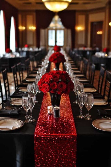 Red Table Centerpieces For Party, Red And Black Dinner Party Ideas, Red And Black Dinner Table Decor, Black And Red Table Decor, Red Gold Black Wedding Theme, Black And Red Wedding Party, Red And Gold Themed Birthday Party, Black Red And Silver Wedding, Black And Dark Red Wedding Theme