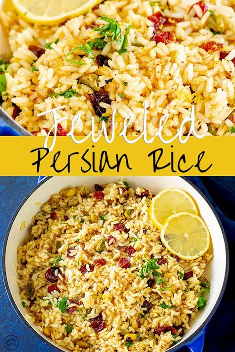 Jeweled Rice Persian, Persian Rice Recipe, Persian Jeweled Rice, Persian Food Iranian Cuisine, Persian Chicken, Basmati Rice Recipes, Persian Rice, Rice Side Dish Recipes, Iranian Cuisine