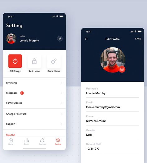 Setting Profile Screen Concept for Smart Home App UI Template Edit Profile Ui Design, User Profile Ui Design Mobile App, Profile Screen Mobile Ui, App Profile Design, Profile Ui Mobile, User Profile Ui Design, Profile App Ui, App Design Profile, Setting Ui