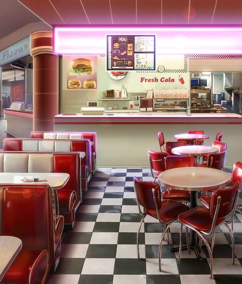 Zepeto Restaurant Background, Fusion Fall, Diner Aesthetic, 50's Diner, Wattpad Background, 50s Diner, Episode Interactive Backgrounds, Episode Backgrounds, Retro Diner