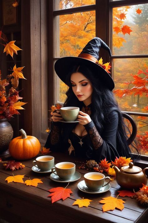 Beautiful autumn witch. (((Hatless))) Drinking her tea while... by Olga Andrievska - Playground Witch With Pumpkin, Autumn Magic Witch, Fall Witch Aesthetic, Autumn Witch Aesthetic, Thanksgiving Witch, 2024 Collage, Desert Witch, Coffee Witch, Beautiful Witches