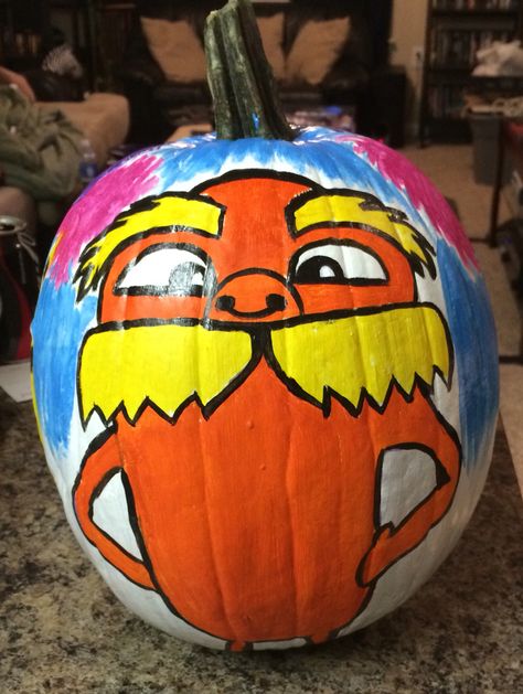 The Lorax pumpkin painted Lorax Pumpkin Painting, Shrek Pumpkin Painting, The Lorax Pumpkin, Lorax Pumpkin, Funny Pumpkin Painting Ideas, Pumpkin Carving Template, Pumpkin Painted, Painting Pumpkin, Pumpkin Painting Ideas