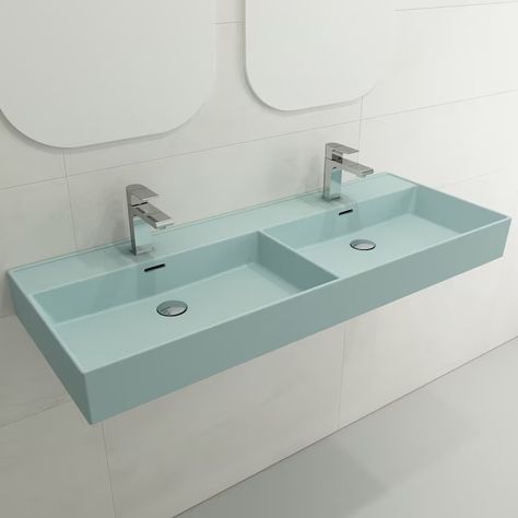 BOCCHI Matte Ice Blue Fire Clay Wall-mount Rectangular Modern Bathroom Sink (47.75-in x 18.25-in) in the Bathroom Sinks department at Lowes.com Bathroom Sink Double, Wall Mount Sink, Wall Mounted Sink, Kitchen Blinds, Metal Console, Wall Mounted Bathroom Sink, Double Basin, Fire Clay, Clay Wall