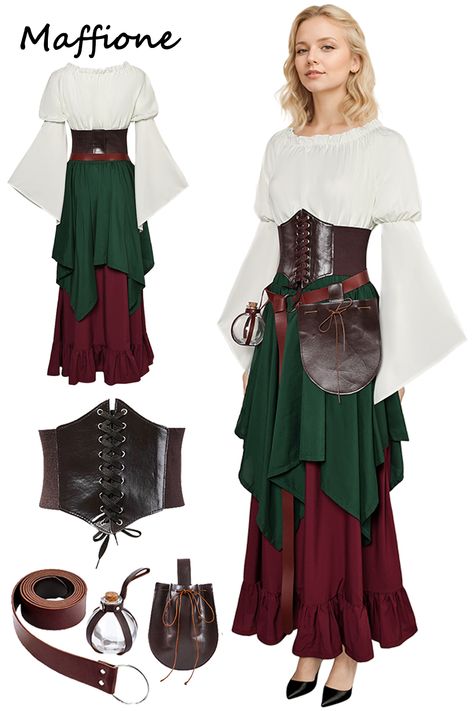 Viking Medieval Renaissance Women Cosplay Costume Green Dress Skirt Vest Waistbags Belt Outfits Medival Outfits Woman, Renfaire Outfit, Royal Vibes, Viking Medieval, Ren Faire Outfits, Costume Green, Ren Faire Costume, Character Fashion, Outfits Female