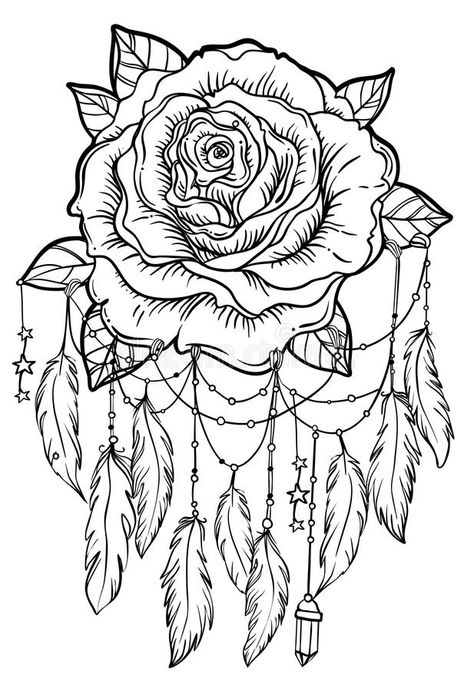 Dream Catcher With Rose Flower, Detailed Vector Illustration Iso Stock Vector - Illustration of freehand, catcher: 93025588 Tattoo Coloring Pages, Dream Catcher Coloring Pages, Dream Catcher Drawing, Free Adult Coloring Printables, Rose Coloring Pages, Coloring Pages For Grown Ups, Skull Coloring Pages, Adult Colouring Printables, Dream Catcher Tattoo