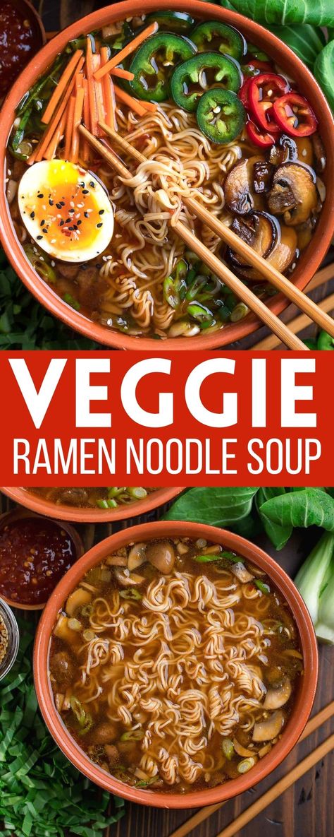 ramen noodle soup with fresh vegetables and soft boiled egg Ramen With Kale, Spinach Ramen Noodle Recipes, Healthy Ramen Bowls, Vegetarian Recipes Ramen, Meatless Ramen Recipes, Raman Noodles Bowl Recipe, Veggie Ramen Broth, Healthy Ramen Noodle Recipes Vegetarian, Homemade Veggie Ramen