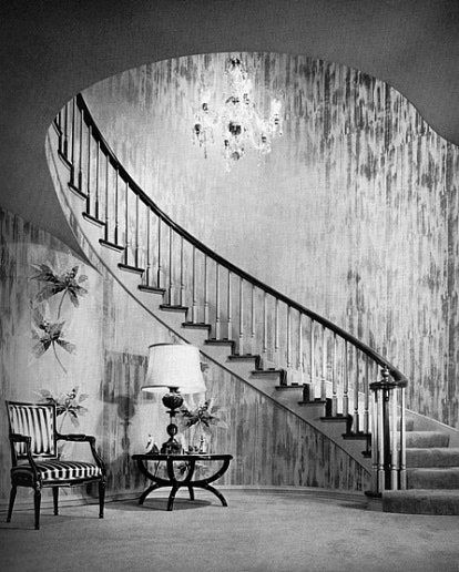 AD in the '40s | Architectural Digest Office Addition, 1940s Interior, Hollywood Regency Interior, 1940s Hollywood, Celebrity Interior Design, Futuristic Interior Design, Los Angeles Interior Design, Stair Case, Futuristic Interior