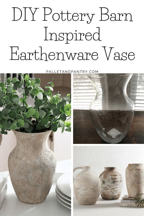 Diy Faux Pottery Vase, Concrete Vases Diy, How To Paint Vases To Look Like Pottery, Diy Flower Jar, Diy Vintage Pot, Diy Textured Pot, Diy Decorative Plant Pots, Spackle Diy Vase, Diy Vase Upcycle