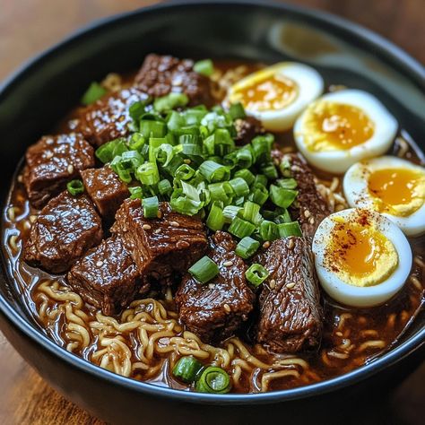 🍜 Dive into the rich flavors of Beef Pares Ramen Bowl! A fusion of Filipino and Japanese cuisine! 🍜 #BeefPares #RamenLovers Beef Pares Ramen Bowl Ingredients: Beef brisket (1 lb, cubed) Soy sauce (1/4 cup) Sugar (2 tbsp) Star anise (2) Beef broth (4 cups) Ramen noodles (4 packs) Boiled eggs (4, halved) Green onions (for garnish) Instructions: Simmer beef, soy sauce, sugar, star anise, and beef broth until tender. Cook ramen noodles according to package instructions. Assemble bowls with no... Banh Pho Noodles Recipe, Beef Short Rib Ramen, Ramen With Beef, Ramen Beef, Beef Ramen Noodle Recipes, Vegan Drinks Healthy, Beef Pares, Easy Protein Meals, Bowl Ingredients