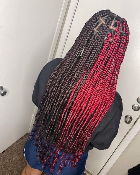 Red an black box braids Red Box Braids On Black Hair, Half And Half Hair Color Box Braids Red And Black, Half Red Half Black Box Braids, Half Black Half Red Braids, Knotless Braids With Color Underneath, Half And Half Braids Color, Two Color Box Braids, Braids With Color Underneath, Black And Red Box Braids