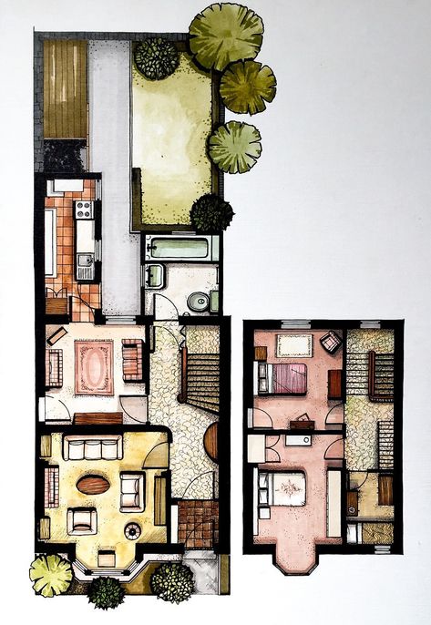 Rendered Floor Plan, Pelan Rumah, Architecture Drawing Plan, Interior Design Renderings, Interior Architecture Drawing, Drawing Interior, Interior Design Per La Casa, Interior Design Drawings, Floor Plan Drawing