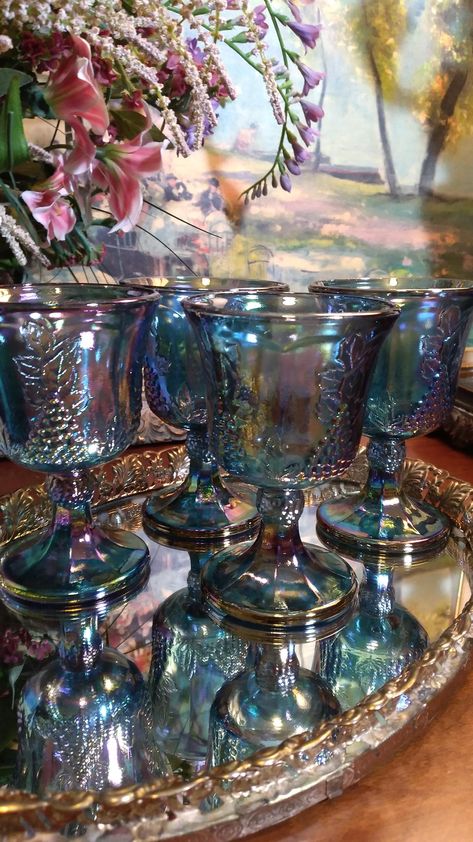 Colony Blue Harvest Carnival Water Goblets Set of (4) | Vintage Blue Carnival Glass Goblets