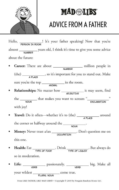 Now there's a Mad Libs for that ADJECTIVE guy in your life--Dad!

Not sure what gift to get for Dad? How about 21 fill-in-the-blank stories that are all about him? Show Dad just how much you love him on Father's Day, his birthday, or any day of the year. Dad Libs Free Printable, Christian Mad Libs, Funny Mad Libs For Adults Hilarious, Mad Libs For Adults Hilarious, Distress Tolerance Activities, Fill In The Blanks Story, Mad Libs For Adults, Funny Mad Libs, Mad Lips