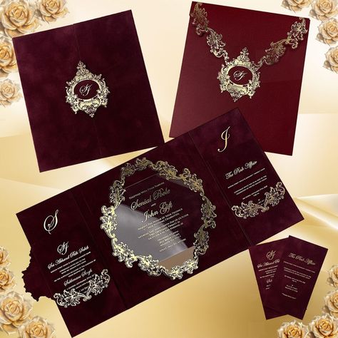 Velvet Elegance: Burgundy Wedding Invitations Red Quince Theme, Luxury Wedding Invitations Box, Red Velvet Wedding, Red Quinceanera Ideas, Velvet Invitation, Velvet Wedding Invitations, Burgundy Invitations, Quince Invitations, Velvet Wedding