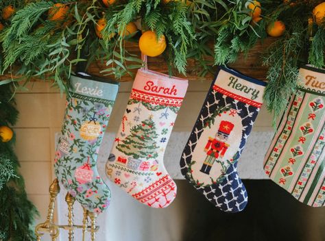 This holiday season, we collaborated with Bauble Stockings to present an exclusive collection of custom hand-stitched needlepoint stockings featuring OTM-designed motifs. A family tradition, Bauble Stocking are meant to contain, or hold a clue to, each family member’s final gift of Christmas. Not meant to be the most Needlepoint Christmas Ornaments, Cross Stitch Stocking, Cross Stitch Christmas Stockings, Needlepoint Stockings, Holiday Embroidery, Custom Stocking, Celebrate Good Times, Needlepoint Christmas, Stocking Tree