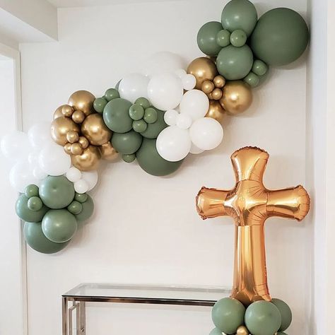 Green White Gold Balloon Garland, White Gold Balloon Garland, Baptism Backdrop, Communion Decor, Bautizo Ideas Decoracion, Baptism Party Boy, Baptism Decorations Boy, Christening Decor, Baptism Decorations Girl