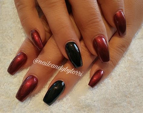 Day 299: Black & Red Chrome Nail Art Patent Leather Nails, Black And Red Chrome Nails, Black Nails With Red Chrome, Wine Red With Chrome Nails, Chrome Red And Black Nails, Chrome Blood Nails, Dark Red Chrome Nails, Black Chrome Nails, Red Chrome Nails