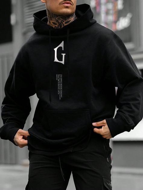 Black Casual Collar Long Sleeve Fabric Letter Pullovers Embellished Slight Stretch  Men Clothing Hoodie Design Ideas, Men Sweatshirts, Refined Fashion, Mens Casual Outfits Summer, Streetwear Hoodie, Men Hoodies, Designer Streetwear, Long Blazer, Athleisure Fashion