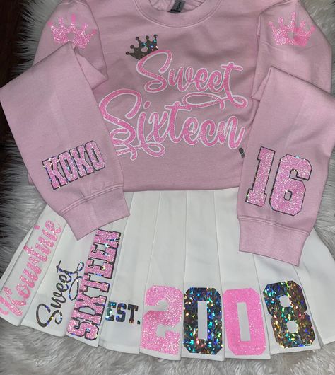 Sweet 16 Birthday Sweatshirt and Skirt Outfit Custom Birthday Sweaters, Cute Sweet 16 Outfits Casual, Tennis Skirt Birthday Outfit, Pleated Skirt Birthday Outfit, Sweet 16 Skirt Outfits, Pink Sweet 16 Outfit Ideas, Sweet 16 School Outfit, Sweet 16 Outfits For School, Outfit For A Birthday Dinner