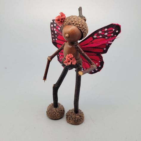 Oakie Acorn, Butterfly Fairy, Fantasy Art Sculpture. - Etsy Pipe Cleaner Crafts For Adults, Acorn Fairy, Crochet Spooky, Acorn People, Acorn Craft, Acorn Art, Twig Crafts, Acorn Ornaments, Twig Art