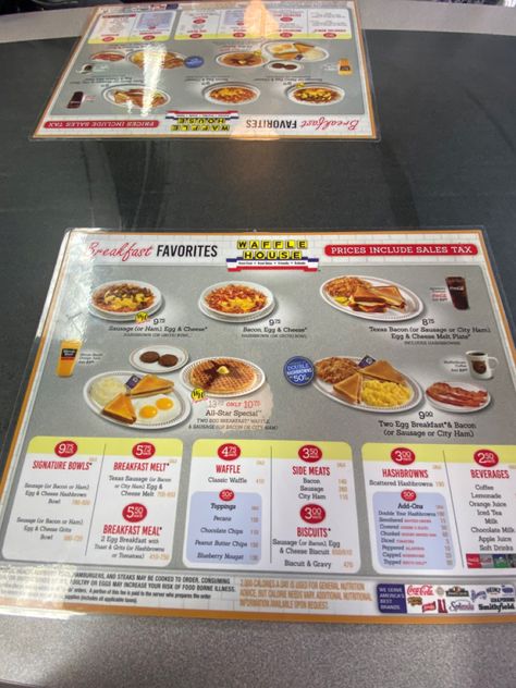 Waffle House Menu Prices, Waffle House Aesthetic, Waffle House Breakfast, Waffle House Menu, Southern Aesthetic, Bacon Egg And Cheese, Waffle House, House Aesthetic, Breakfast Menu