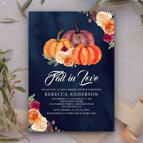 $2.09 | Burnt Orange Floral Pumpkin Navy Bridal Shower - rustic watercolor bouquet autumn, vintage country cream ivory earthy, botanical nature flowers painted roses, boho bohemian, rural farm harvest, fall in love, rust terracotta clay neutral, burgundy plum earth tones, dark, midnight blue Navy Bridal Shower, Fall In Love Bridal Shower, Blue Baby Shower Invitations, Orange Baby Shower, Rustic Bridal Shower Invitations, Custom Baby Shower Invitations, Blue Bridal Shower, Floral Pumpkin, Elegant Baby Shower