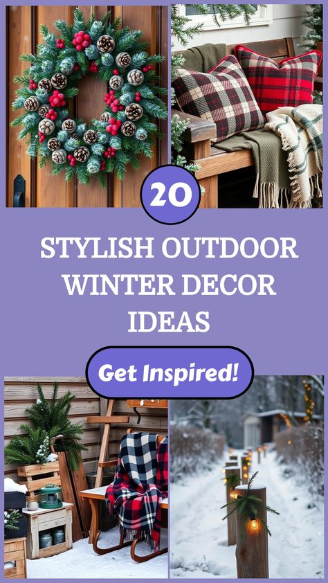 Winter outdoor decor ideas with wreaths, plaid blankets, and festive lights. January Outdoor Decorations, Winter Yard Decorations, Outdoor Winter Decorations, Cozy Patio Furniture, Outdoor Winter Decor, Winter Outdoor Decor, Winter Yard, Organic Modern Living Room, Cozy Balcony