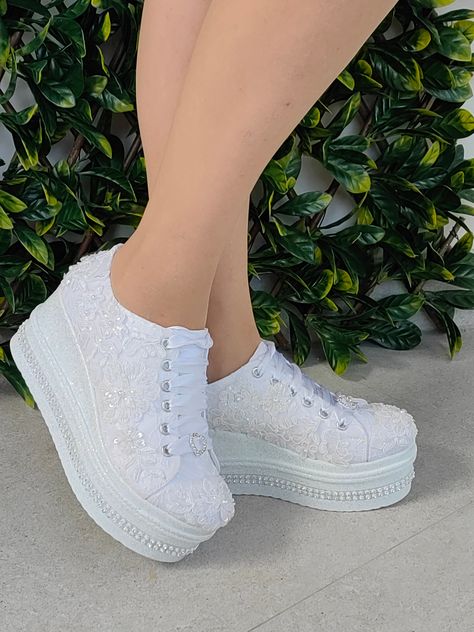 Wedding Platform Sneakers, Sneakers For Bride, Hidden Heel Sneakers, Bride Shoes Wedding, Wedding Sneakers For Bride, Bride Sneakers, Wedding Platform, Women Shoes Sneakers, High Heels Sneakers