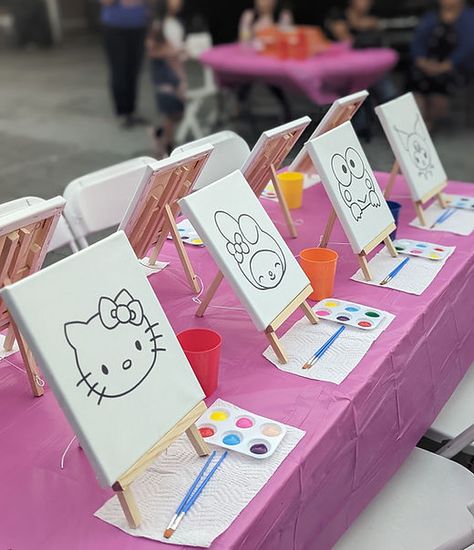 PARTY ACTIVITIES | Monliet Art Services Paint Bday Party Ideas, Kids Coloring Table Party, Sanrio First Birthday, Hello Kitty Paint Party, Outside Kids Birthday Party Ideas, Kids Table Activities Party, Kids Activities For Birthday Party, Kids Craft Birthday Party, Kids Activity Table Party