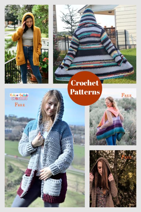 Crochet Hoodie Pattern, Hooded Sweater Pattern, Hooded Cardigan Pattern, Crochet Sweater Coat, Knit Clothes, Crochet Hooded Scarf, Crochet Jacket Pattern, Crochet Granny Squares, Crochet Hood