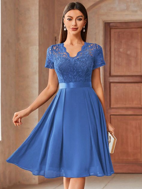 Blue Elegant Collar Short Sleeve Lace Colorblock,Plain A Line,Fit and Flare Embellished Slight Stretch  Women Clothing Aline Dresses For Women, Modest Dresses For Women, Womens Prom Dresses, Aline Dress, Elegant Dresses Long, Cocktail Party Dress, Mid Dresses, Prom Party, Chiffon Lace