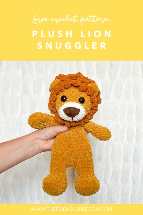 This plush lion crochet pattern is extra cuddly and a great size! The plush yarn helps it work up quickly, while still being extra snuggly. Lion Crochet Pattern, Crochet Snuggler, Lion Crochet, Velvet Crochet, Crocheted Things, Being Extra, Crochet Lion, Lovey Pattern, Crochet Lovey