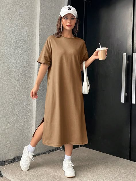 SHEIN EZwear Solid Split Hem Tee DressI discovered amazing products on SHEIN.com, come check them out! Camel Style, Drop Shoulder Tee, Tees Pattern, Plain Tees, Loose Fabric, Mesh Long Sleeve, Vestido Casual, Women Long Dresses, Waist Line