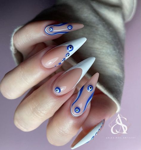 Greek Eye Nails, Greek Nail Art, Greek Nails Designs, Greek Nails, Nails With Blue, Stilleto Nails Designs, Evil Eye Nails, Eye Nail Art, Nail Designs Ideas