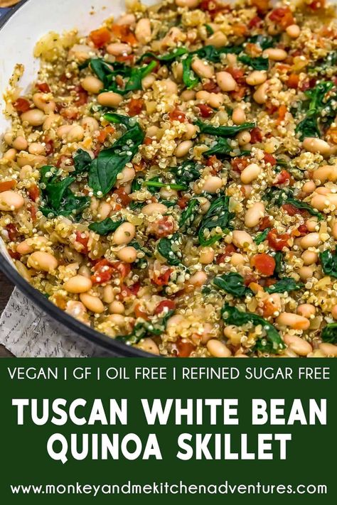 Simple, yet flavorful, this nourishing, oil-free Tuscan White Bean Quinoa Skillet is packed with beans, tomatoes, spinach, and quinoa. #wholefoodplantbased #vegan #oilfree #glutenfree #plantbased | monkeyandmekitchenadventures.com Quinoa With Spinach, Quinoa Black Bean Recipes, Quinoa Spinach Recipes, Quinoa And Beans, Quinoa And Spinach, Quinoa Skillet, Tuscan White Bean, Bean Quinoa, Black Bean Quinoa