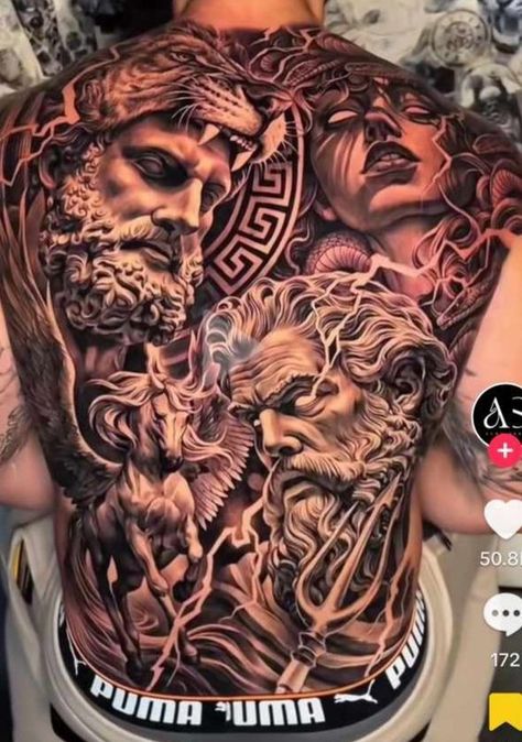 Greek Full Back Tattoo, Greek Gods Back Tattoo, Poseidon Back Tattoo, Greek God Back Tattoo, Greek Mythology Back Tattoo, Greek Back Tattoo, Tattoos For Guys Back, Mens Hip Tattoos, Tattoo Guardian Angel