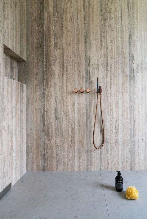 Travertine shower with copper accents Travertine Shower, Copper Accents, Bathroom Interior Design, Master Bath, Bathroom Interior, Bathroom Design, Copper, Bath, Shower