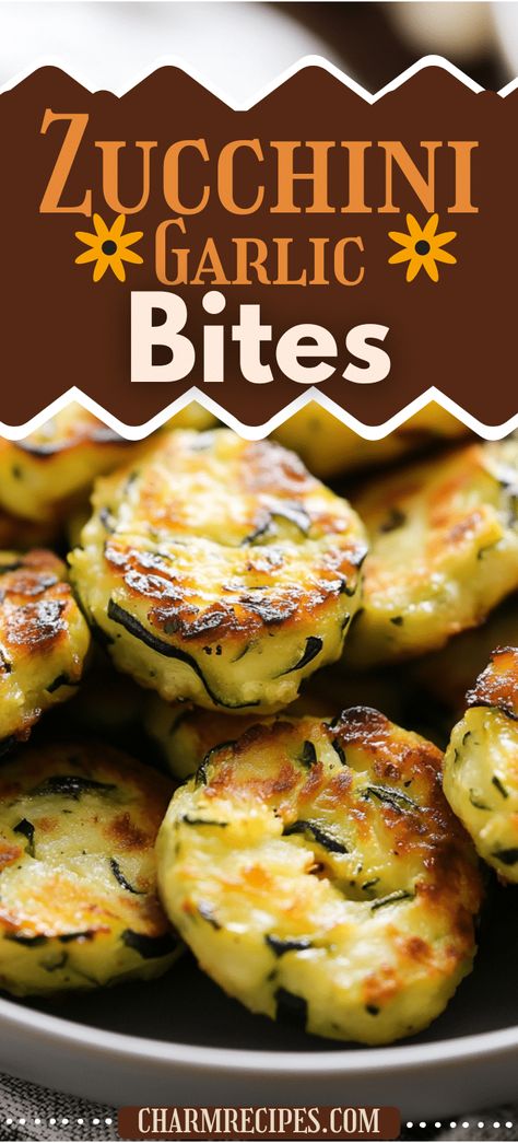 Zucchini Garlic Bites Zucchini Bites Recipes, Zucchini Bites Baked, Japanese Zucchini Recipes, Zucchini Garlic Bites, Garlic Bites, Zucchini Appetizer, Fancy Appetizer Recipes, Zucchini Tots, Veggie Bites