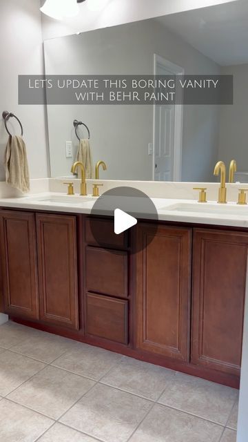 Katie Sharpe | DIY Tutorials | Home Decor | Interior Design on Instagram: "One of the simplest ways to update your home is painting!   I decided my master bathroom needed a mini refresh so I used the @behrpaint 2024 Color of the Year: Cracked Pepper to update my bathroom vanity!  #BEHRAmbassador  Cracked Pepper PPU18-01 is a beautiful, soft black color that elevates any space! It’s a timeless and modern color and I am obsessed!  Stay tuned for part two of this mini bathroom makeover!  #BEHR2024COTY #TodayLetsPaint #BEHR #ad" Bathrooms Paint Ideas, Bathroom Paint Renovation, Bathroom With Painted Cabinets, Bathroom Decor Ideas Brown Cabinets, Cracked Pepper Bathroom, Popular Bathroom Paint Colors 2024, Behr Cracked Pepper Paint, Bathroom With Brown Cabinets, Bathroom Vanity Paint Colors