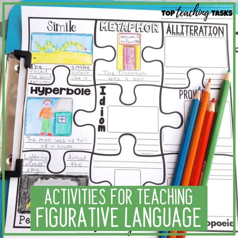 Teaching Figurative Language Middle School, 3rd Grade Figurative Language, Figurative Language In Songs, Figurative Language Activities 3rd, Figurative Language Activities Middle School, Ela Activities Elementary, Figurative Language Project, Pretend Teacher, Figurative Language Middle School