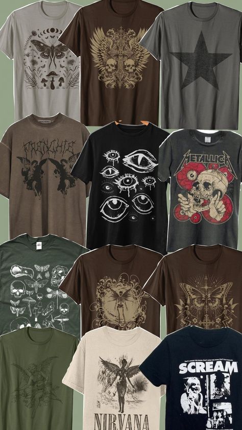 grunge t-shirts Band Shirt Outfits Grunge, Grunge Graphic Tees, Graphic T Shirts Aesthetic, Uniform Styling, Grunge Designs, Grunge T Shirts, Grunge Shirts, 90s Grunge Outfits, Emo Clothes